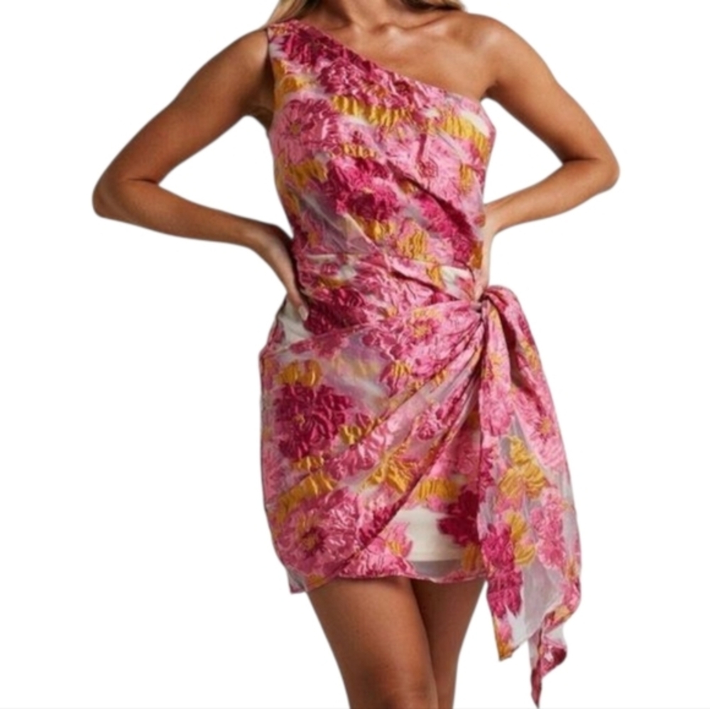 Showpo Brailey one-shoulder wrap-front mini dress in pink‎ floral jacquard 4 New